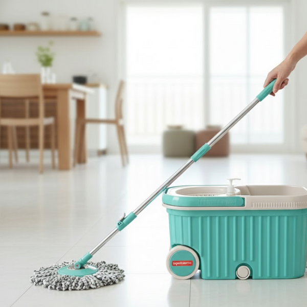Spin Mop with Bigger Wheels and Plastic Auto Fold Handle for 360 Degree Cleaning