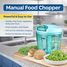 Manual food chopper on a kitchen counter with ingredients and text highlighting features