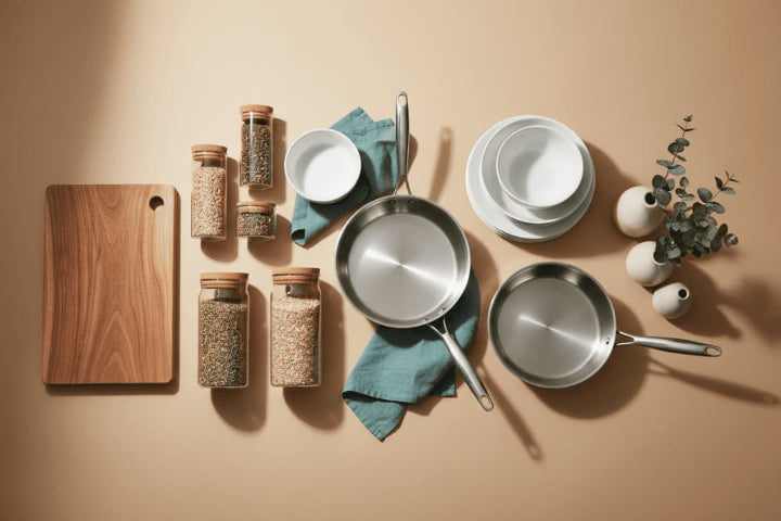 Set of kitchenware including pots, pans, and jars on a beige background