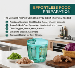 Kitchen chopper on a counter with ingredients and text about effortless food preparation