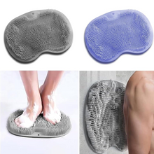 Gray and blue foot scrubbers with a person using them on a white background